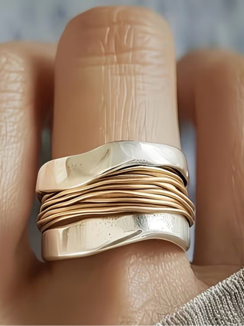 Handcrafted Two-Tone Wave Ring with Rose Gold Wire Accent